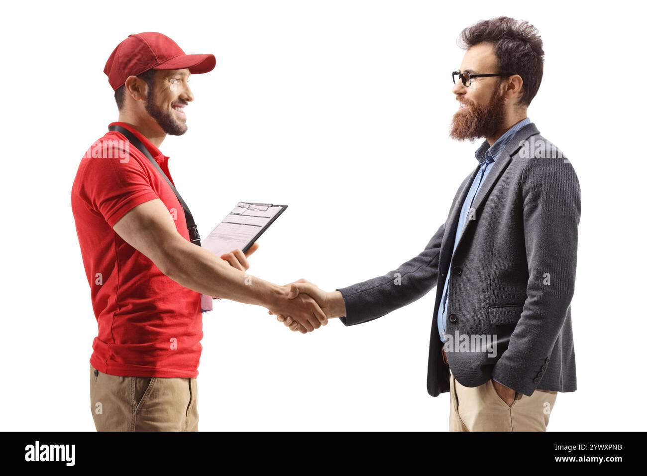 Uomo che stringe la mano con un barbuto isolato su sfondo bianco Foto Stock