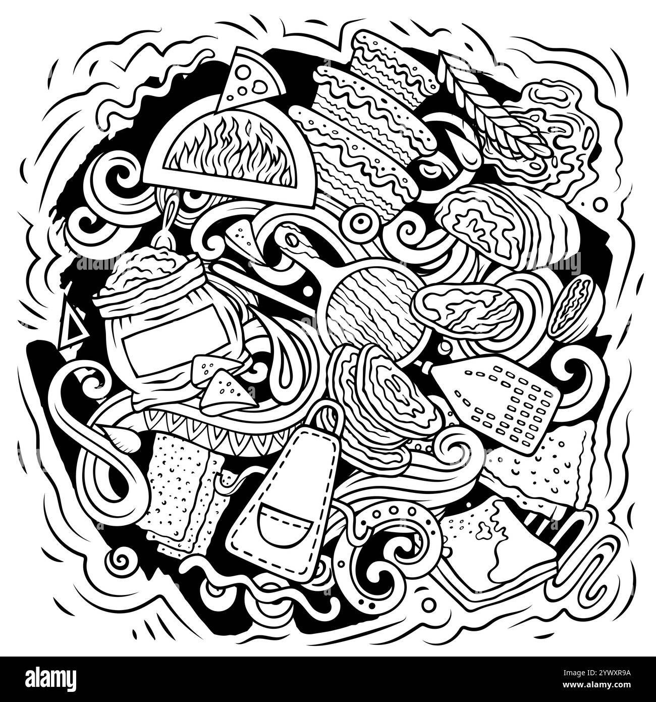 L'illustrazione a forma di doodle Cartoon Vector Bakery presenta una varietà di oggetti e simboli da forno. Line art stravagante immagine divertente. Illustrazione Vettoriale L'illustrazione a forma di doodle Cartoon Vector Bakery presenta una varietà di oggetti e simboli da forno. Line art stravagante immagine divertente. Illustrazione Vettoriale