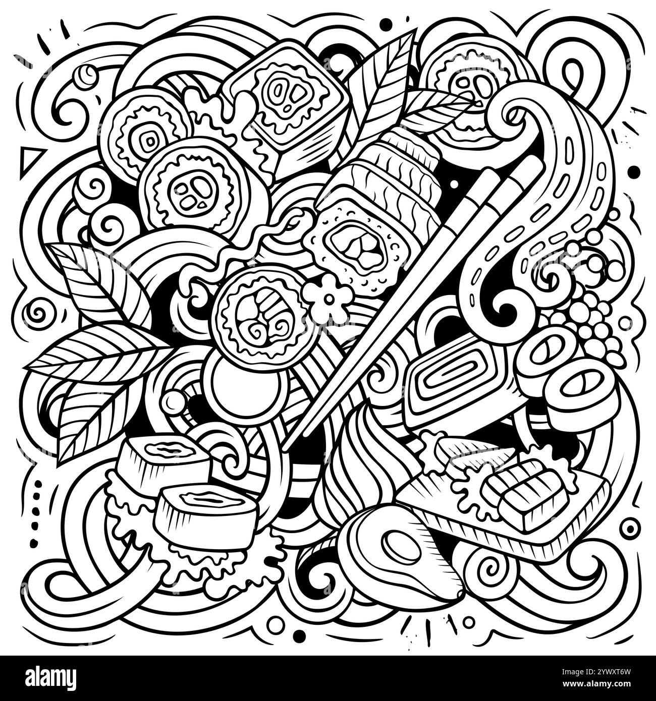 L'illustrazione della lavagna a forma di cartone animato per sushi doodle presenta una varietà di oggetti e simboli della cucina giapponese. Immagine stravagante e divertente. Illustrazione Vettoriale