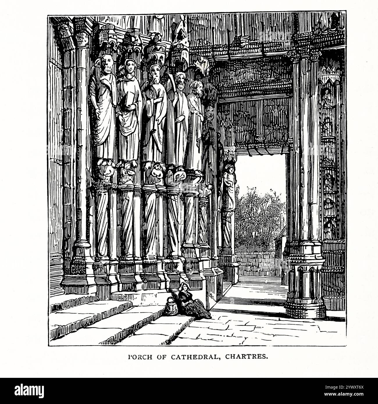 Porch of Cathedral, Chartres from Normandy and Brittany illustrazione di Randolph Caldecott (22 marzo 1846 – 12 febbraio 1886) un artista e illustratore britannico, pubblicato nel 1905 Foto Stock