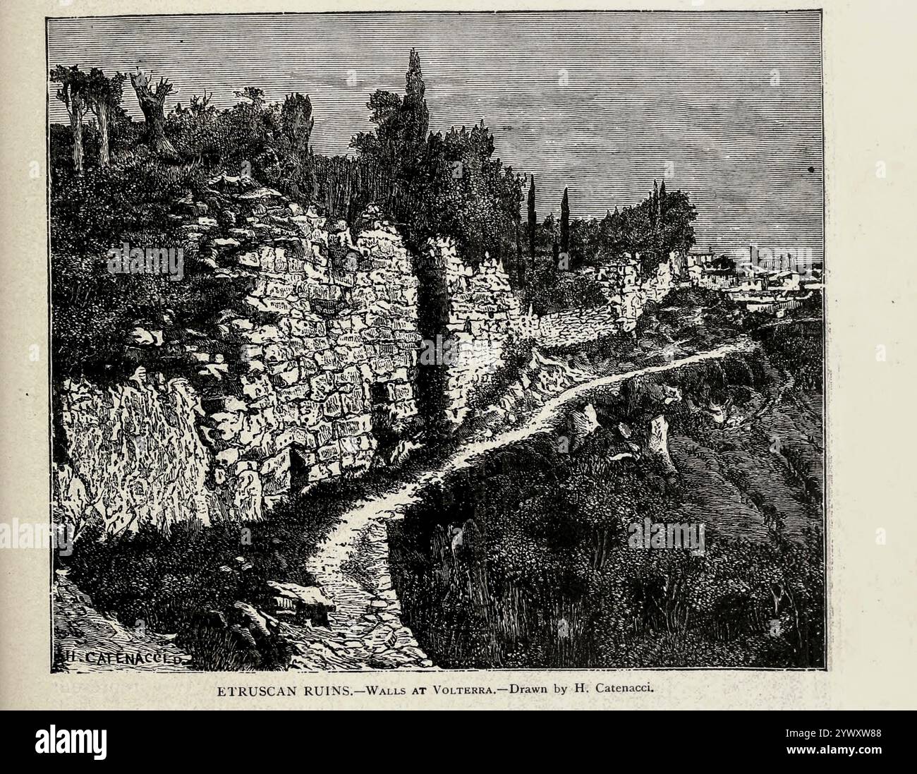 ROVINE ETRUSCHE - mura a Volterra. Disegnato da H. Catenacci. Dal libro VIII The Romans from volume 3 of Ridpath's Universal History: An account of the origin, primitive condition and ethnic Development of the Great race of Mankind, and of the principal events in the Evolution and Progress of the civilized Life between men and Nations, from Recent and Authentic sources with a preliminary investigation on the time, Place and way of the beginning by Ridpath, John Clark, 1840-1900 published in 1897 Foto Stock