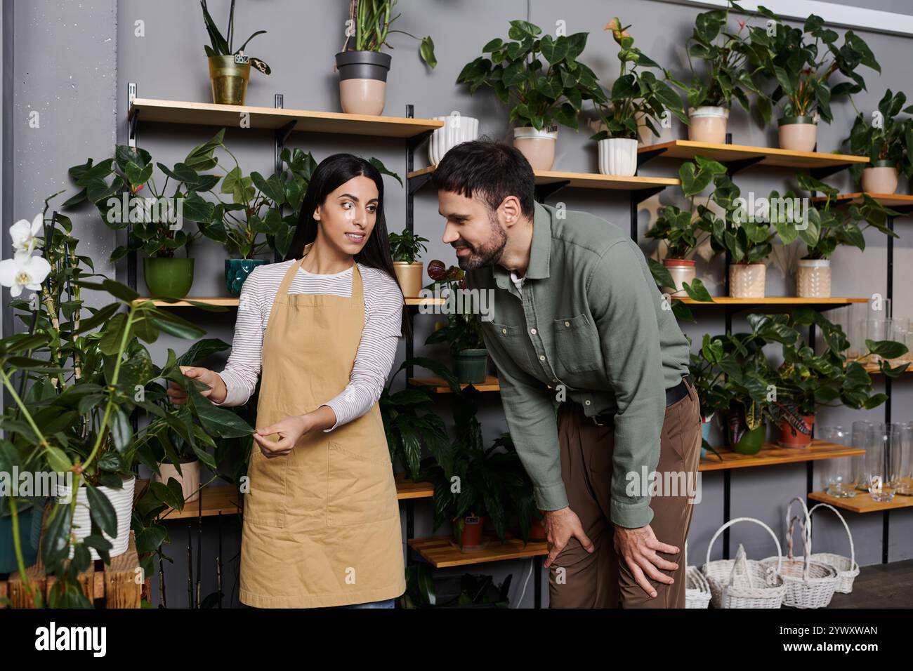 Un fiorista si impegna con un cliente maschile mentre sceglie le piante in un invitante negozio pieno di flora. Foto Stock