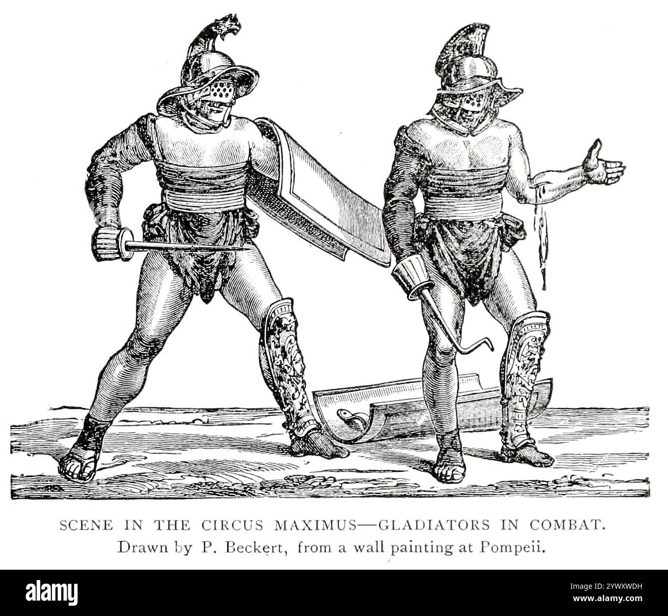 SCENA NEL CIRCO MASSIMO - GLADIATORI IN COMBATTIMENTO. Disegnato da P. Beckert, da un dipinto murale a Pompei. Dal libro VIII The Romans from volume 3 of Ridpath's Universal History: An account of the origin, primitive condition and ethnic Development of the Great race of Mankind, and of the principal events in the Evolution and Progress of the civilized Life between men and Nations, from Recent and Authentic sources with a preliminary investigation on the time, Place and way of the beginning by Ridpath, John Clark, 1840-1900 published in 1897 Foto Stock