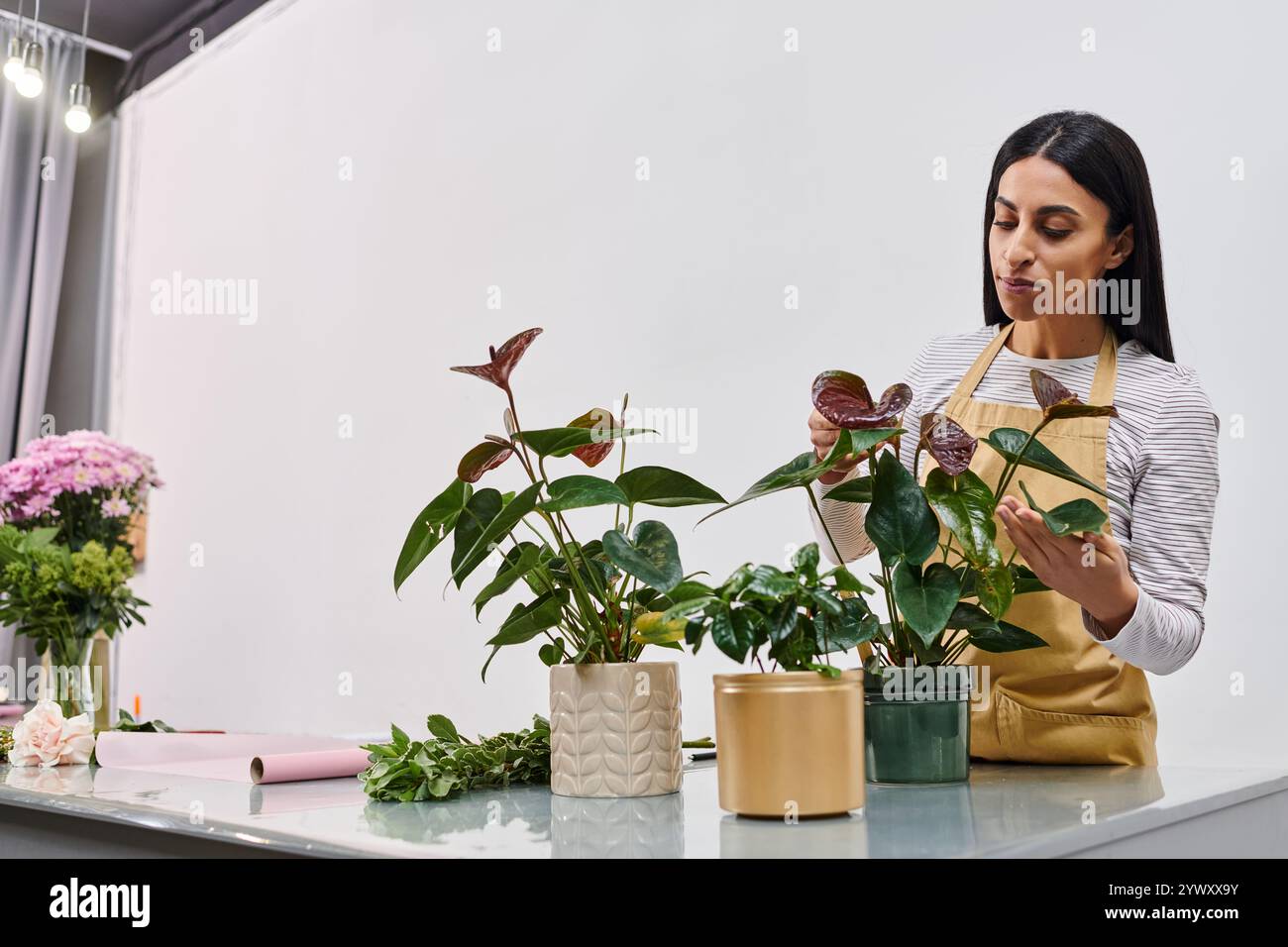 Un fioraio di talento organizza piante e fiori con passione nel suo invitante negozio. Foto Stock
