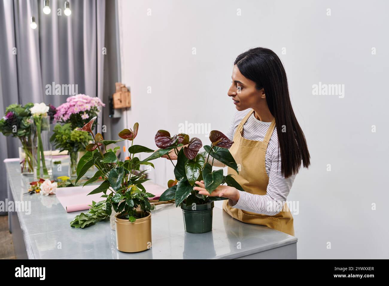 Bella donna bruna che cura le piante nel suo affascinante negozio di fiori in una giornata di sole. Foto Stock