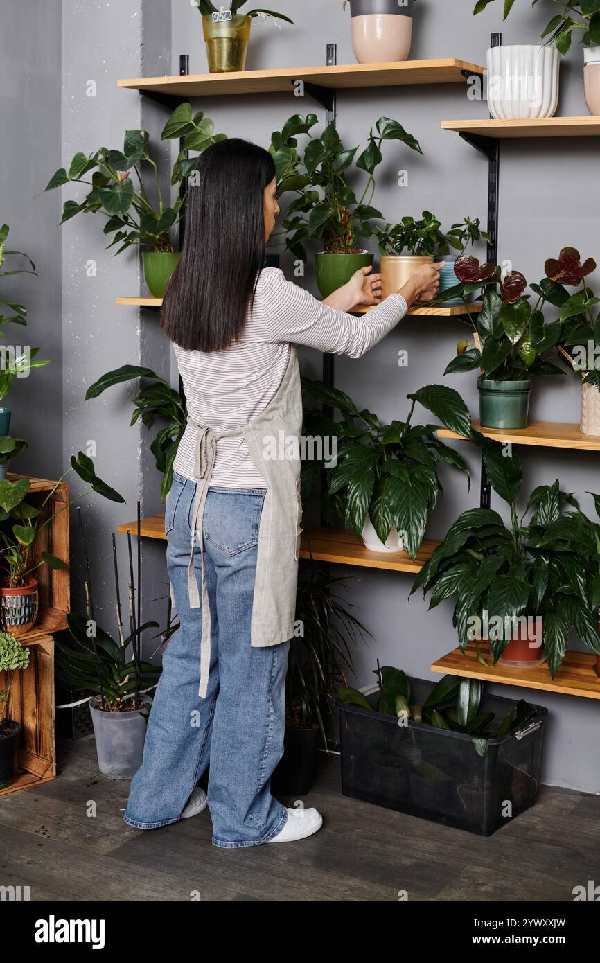 Bruna donna organizza piante in vaso nel suo accogliente negozio di fiori, mostrando la sua passione per la natura. Foto Stock