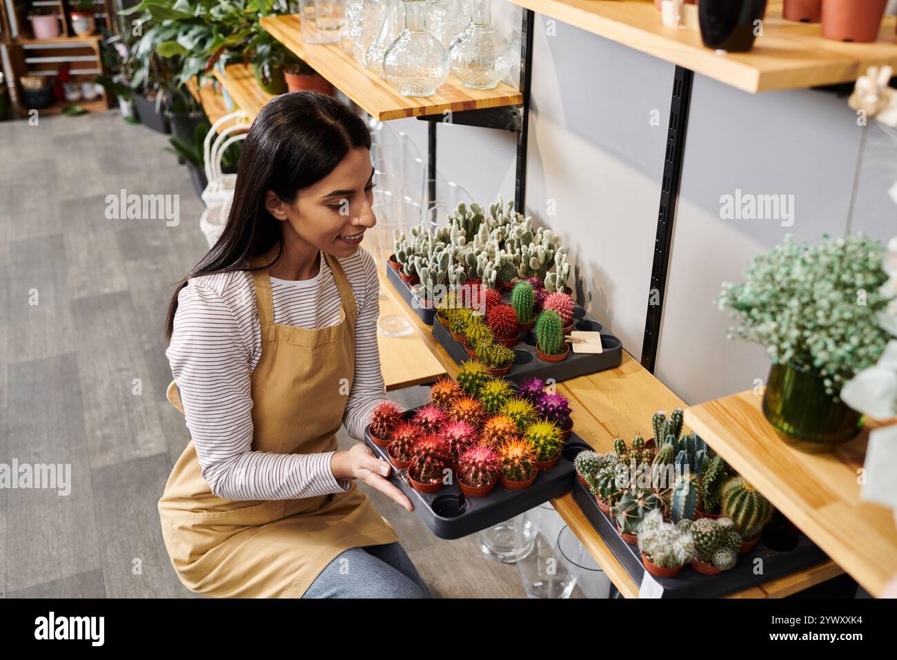 La proprietaria di un negozio di piante Brunette organizza con cura le succulente colorate mentre si gode il suo spazio di lavoro. Foto Stock