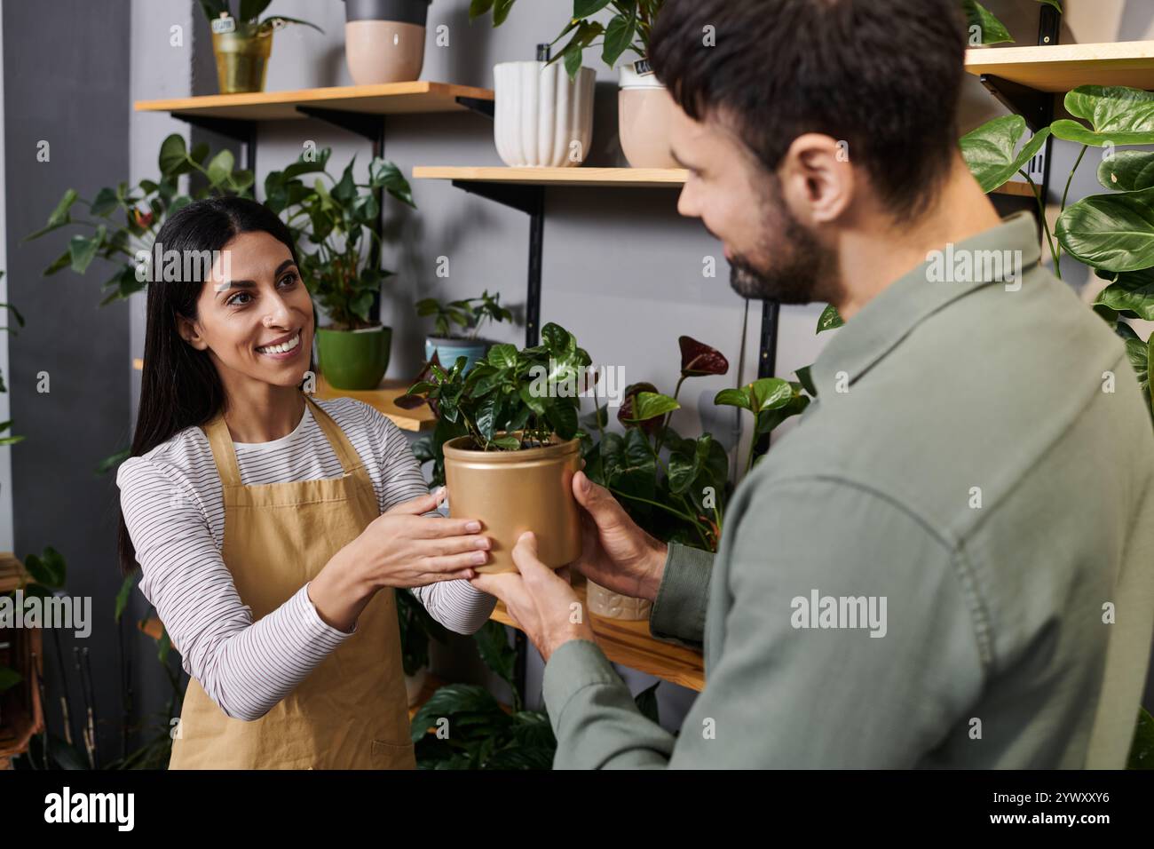 In un accogliente negozio di fiori, un fioraio mostra felicemente a un cliente una bella pianta in vaso, condividendo le proprie competenze. Foto Stock