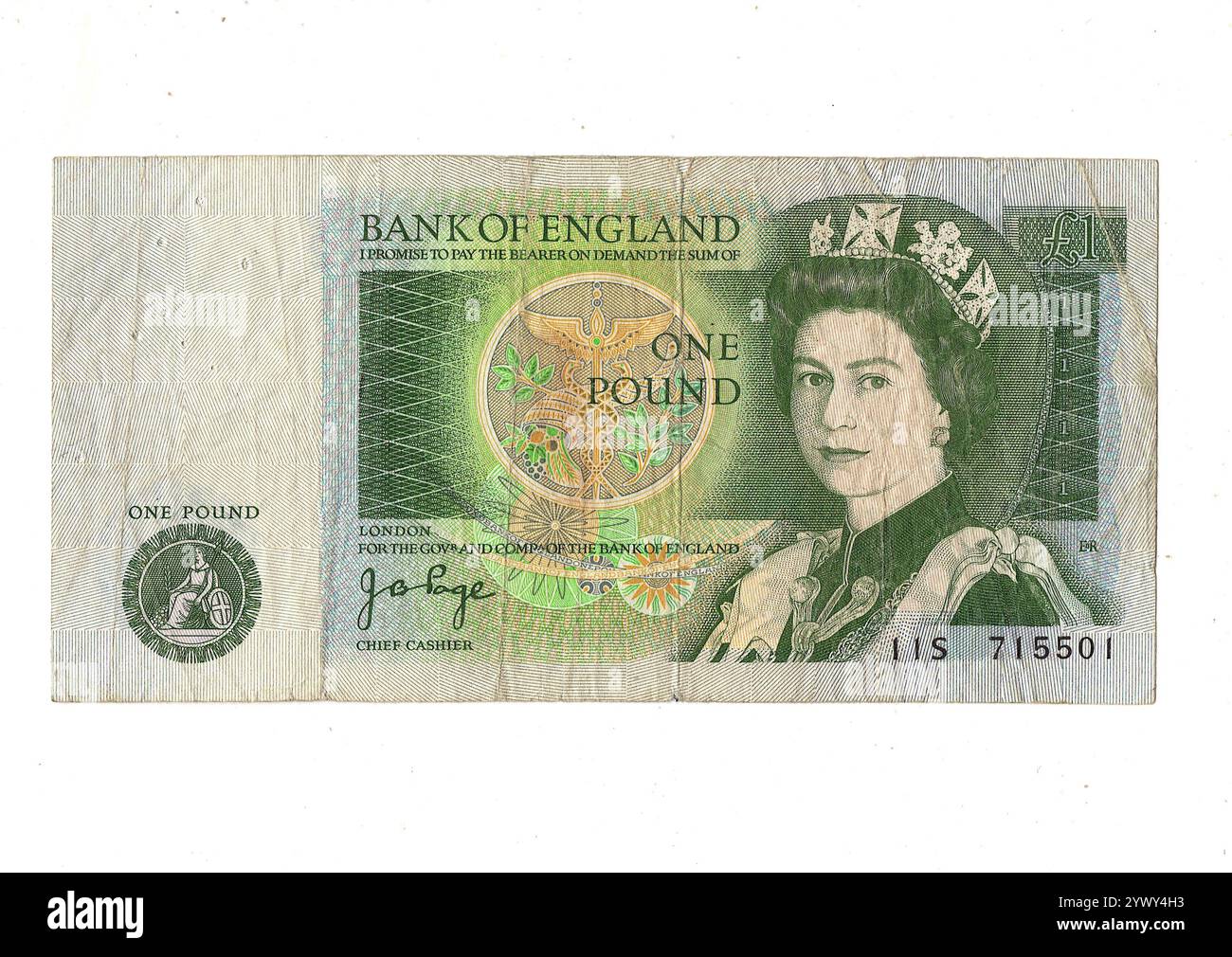 La parte anteriore di una banconota vintage da un libbra proveniente dalla Gran Bretagna su sfondo bianco. Foto Stock