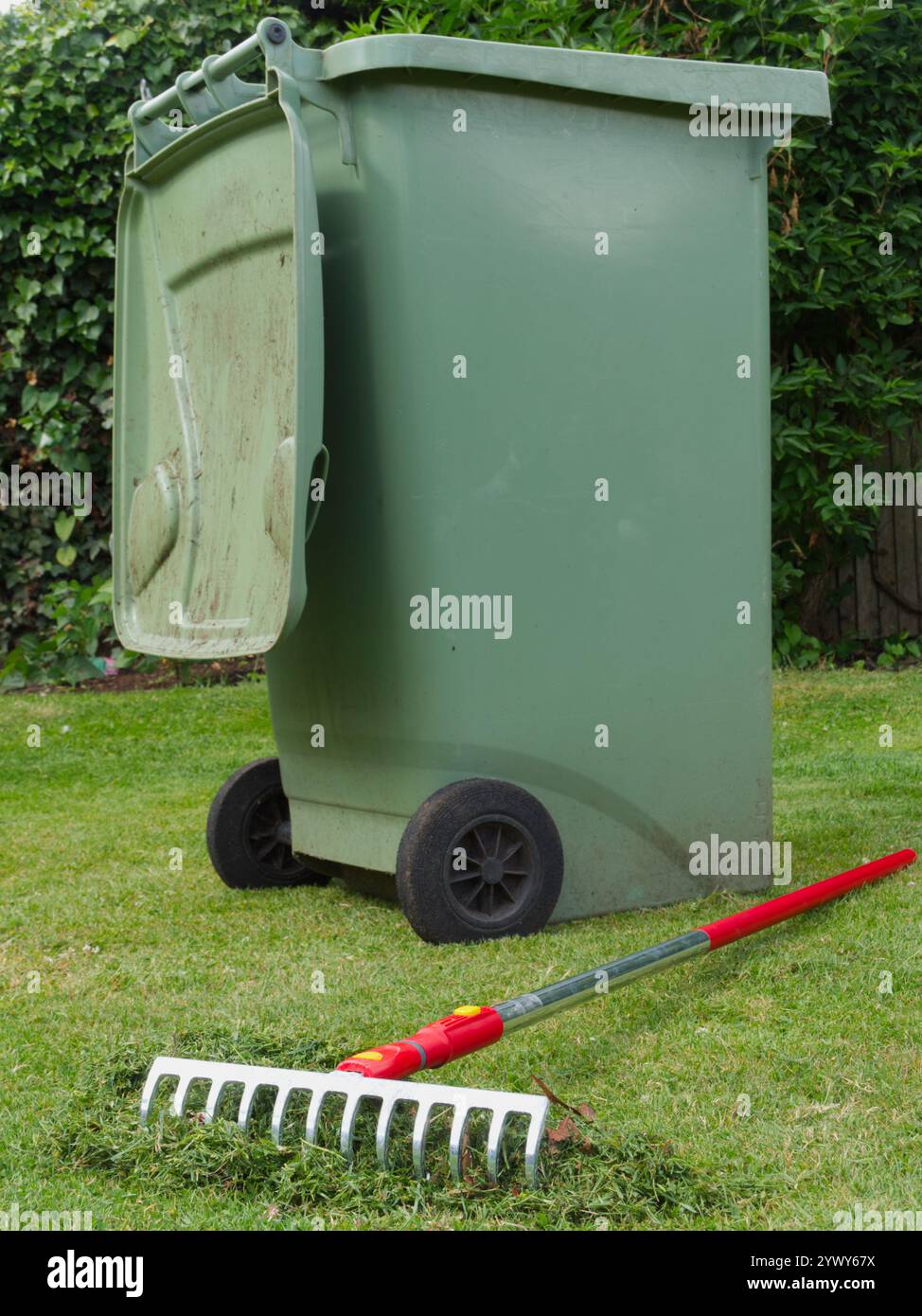 Primo piano di un rastrello con manico lungo adagiato su un prato tagliato di recente, di fronte a un contenitore per rifiuti con cassonetto a cassone imbottito verde aperto. Foto Stock