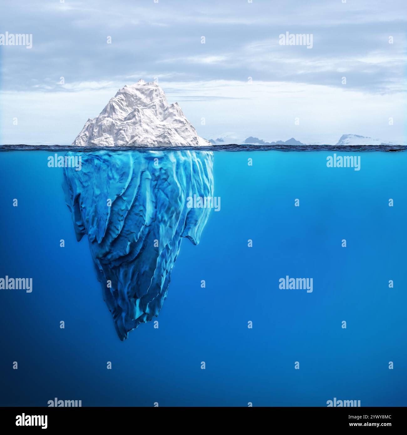 Parti nascoste galleggianti dell'iceberg, concetto di pericolo per il riscaldamento globale del cambiamento climatico. 3d. Foto Stock