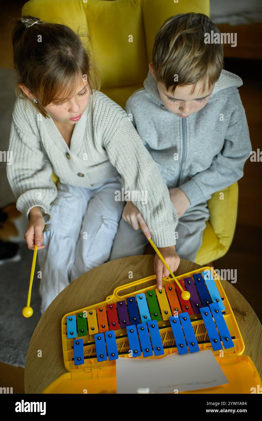 i bambini stanno suonando musica su un metallofono a casa insieme Foto Stock