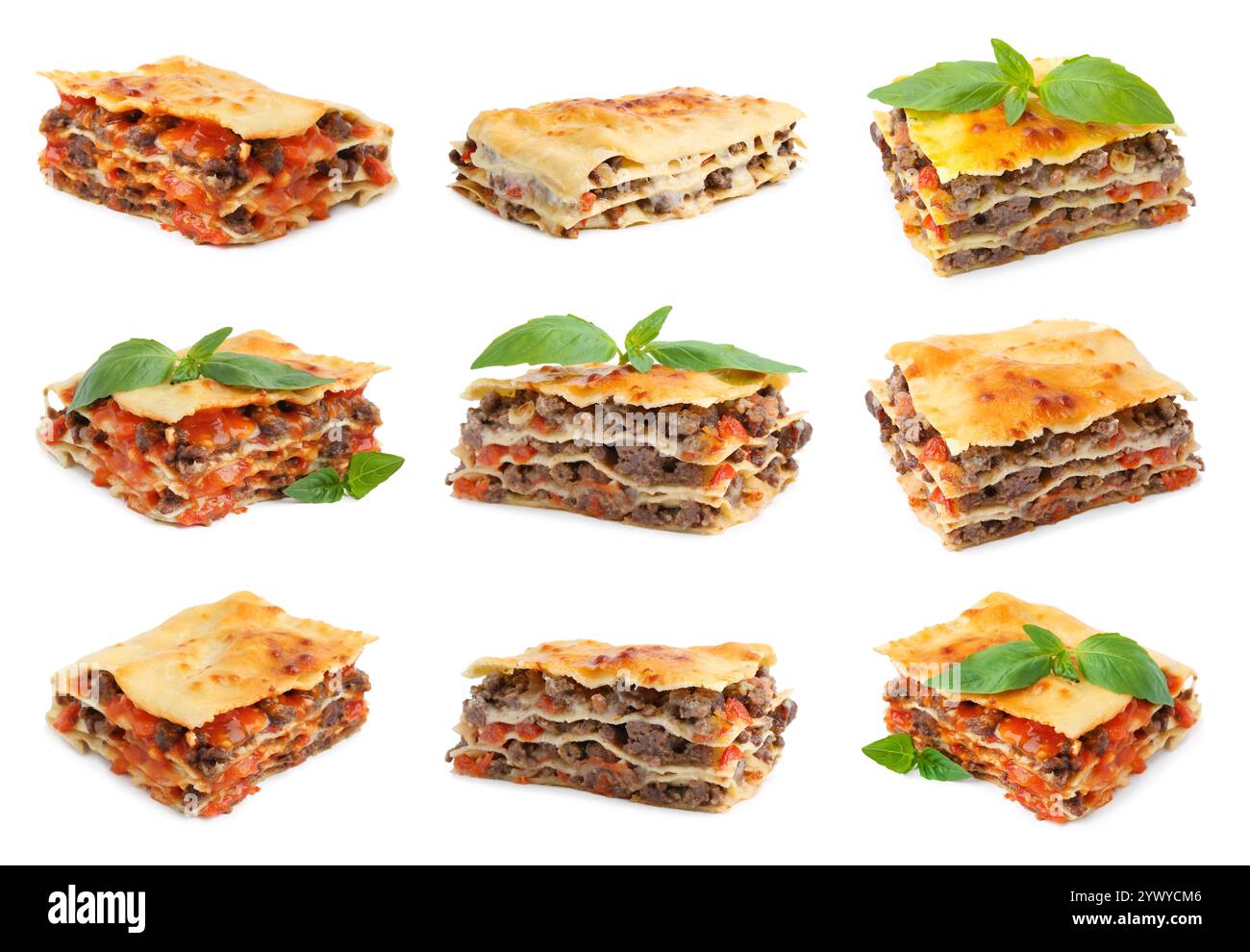 Set di deliziose lasagne isolate su bianco Foto Stock