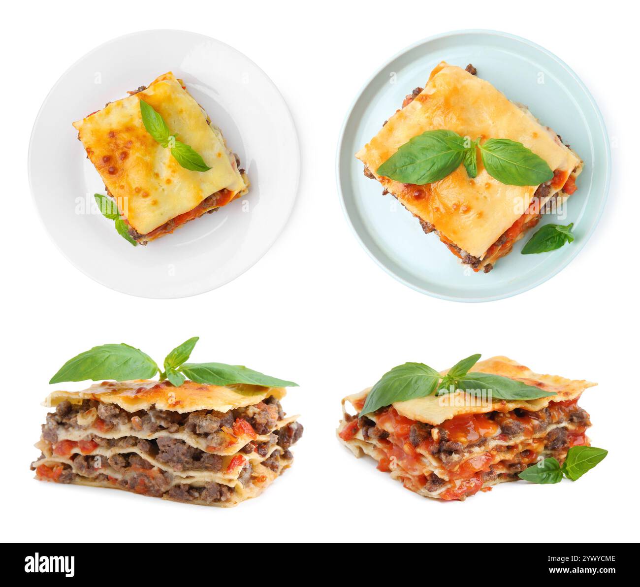 Set di deliziose lasagne isolate su bianco Foto Stock