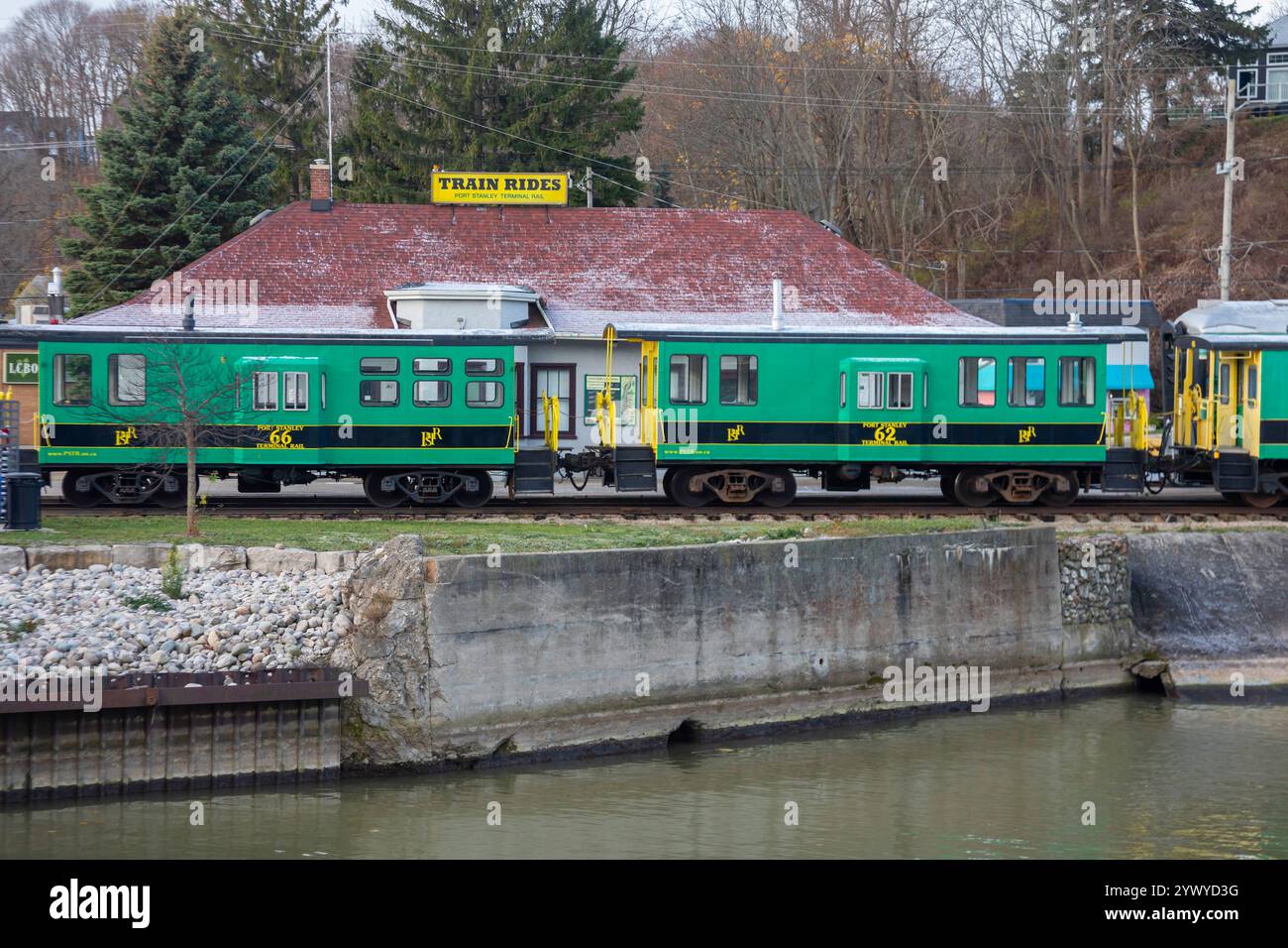 Port Stanley, Ontario Canada - Port Stanley. Terminal Rail, una ferrovia turistica, offre corse in treno tra Port Stanley e St. Thomas sulla vecchia Foto Stock