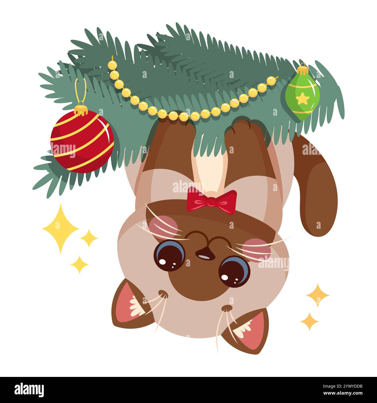 Giocoso gatto siamese appeso al rovescio da un albero di Natale decorato. Simpatica illustrazione vettoriale Illustrazione Vettoriale