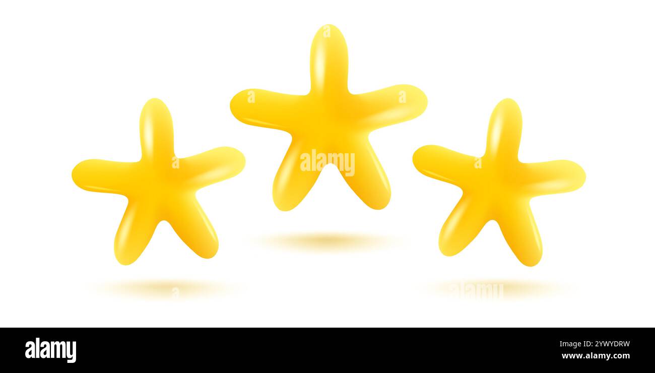 Icona vettoriale di stelle gialle in stile 3D realistico. Risultati ottenuti per giochi o feedback di valutazione dei clienti del sito Web. Illustrazione vettoriale di stelle in kawa Illustrazione Vettoriale