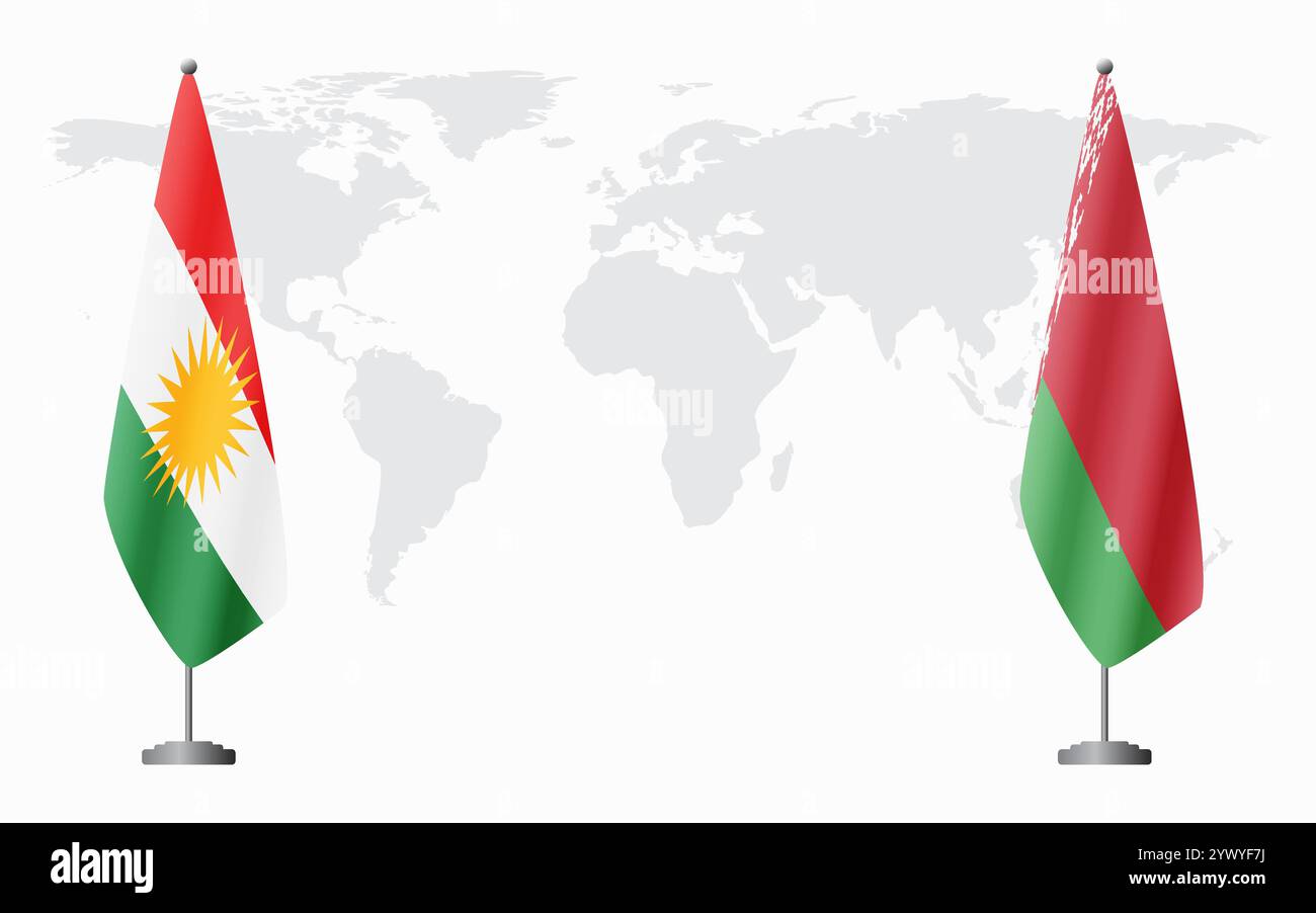 Bandiere del Kurdistan e della Bielorussia per riunione ufficiale sullo sfondo della mappa mondiale. Illustrazione Vettoriale