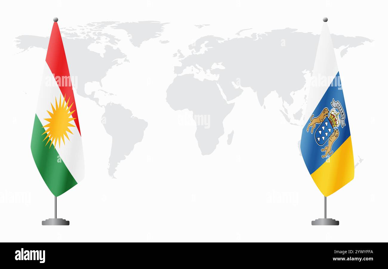 Bandiere del Kurdistan e delle Isole Canarie per l'incontro ufficiale sullo sfondo della mappa mondiale. Illustrazione Vettoriale