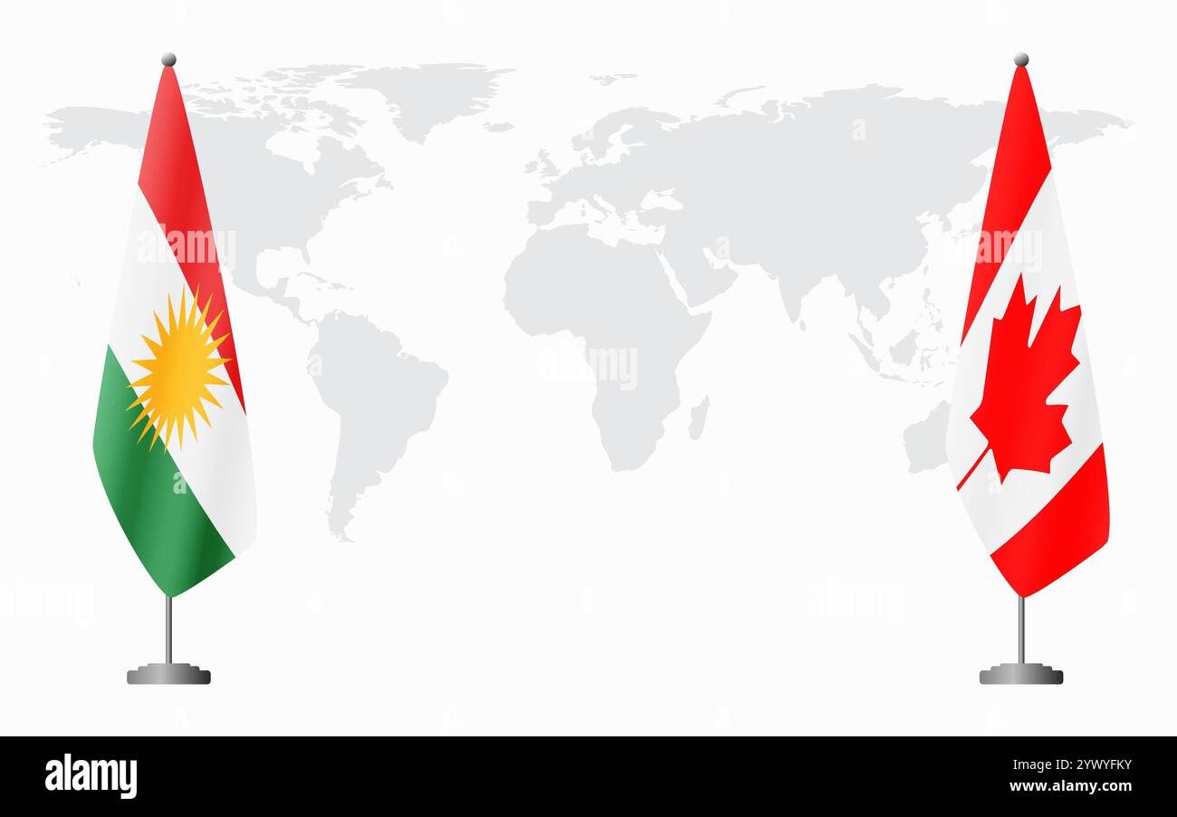 Bandiere del Kurdistan e del Canada per l'incontro ufficiale sullo sfondo della mappa del mondo. Illustrazione Vettoriale