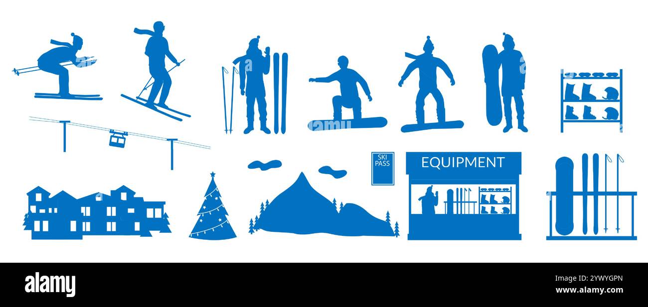 Le sagome delle località sciistiche invernali e degli attrezzi turistici Illustrazione Vettoriale