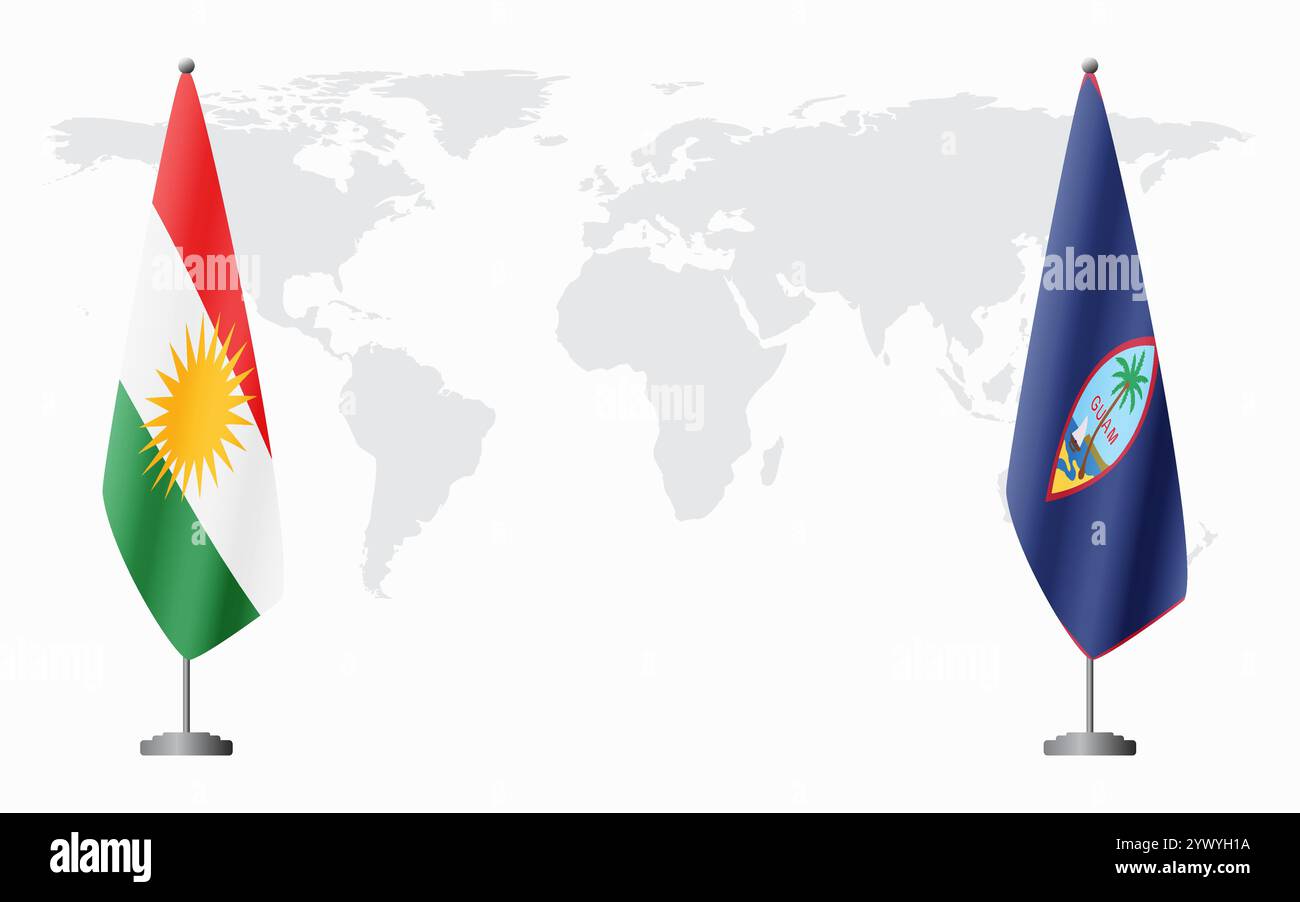 Bandiere del Kurdistan e del Guam per l'incontro ufficiale sullo sfondo della mappa del mondo. Illustrazione Vettoriale