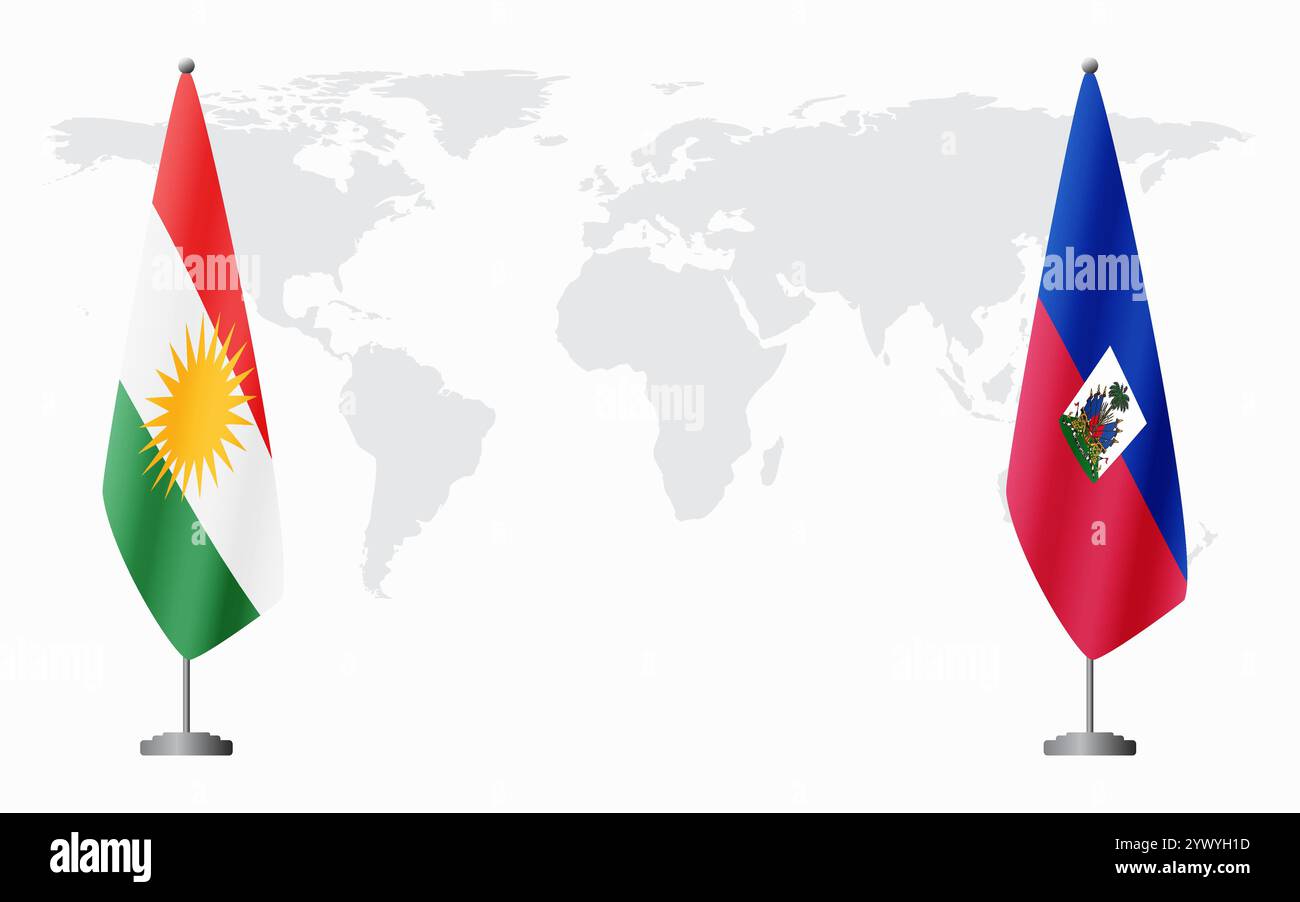 Bandiere del Kurdistan e di Haiti per l'incontro ufficiale sullo sfondo della mappa del mondo. Illustrazione Vettoriale