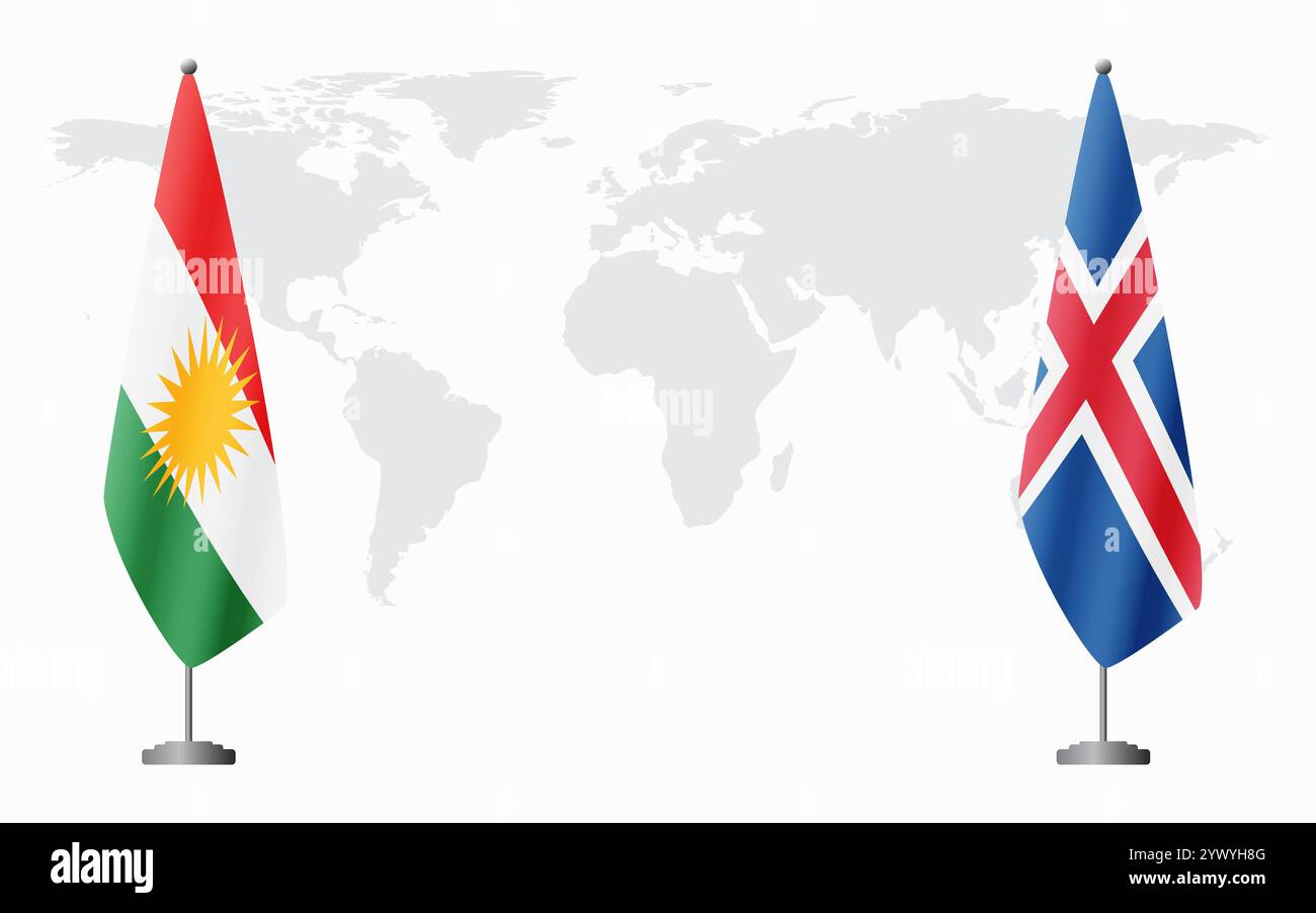 Bandiere del Kurdistan e dell'Islanda per l'incontro ufficiale sullo sfondo della mappa del mondo. Illustrazione Vettoriale
