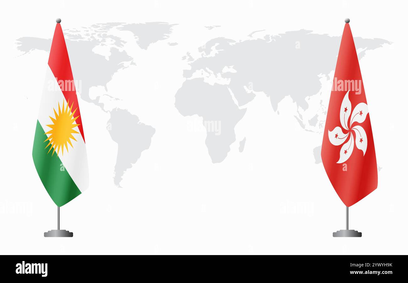Bandiere del Kurdistan e di Hong Kong per l'incontro ufficiale sullo sfondo della mappa del mondo. Illustrazione Vettoriale