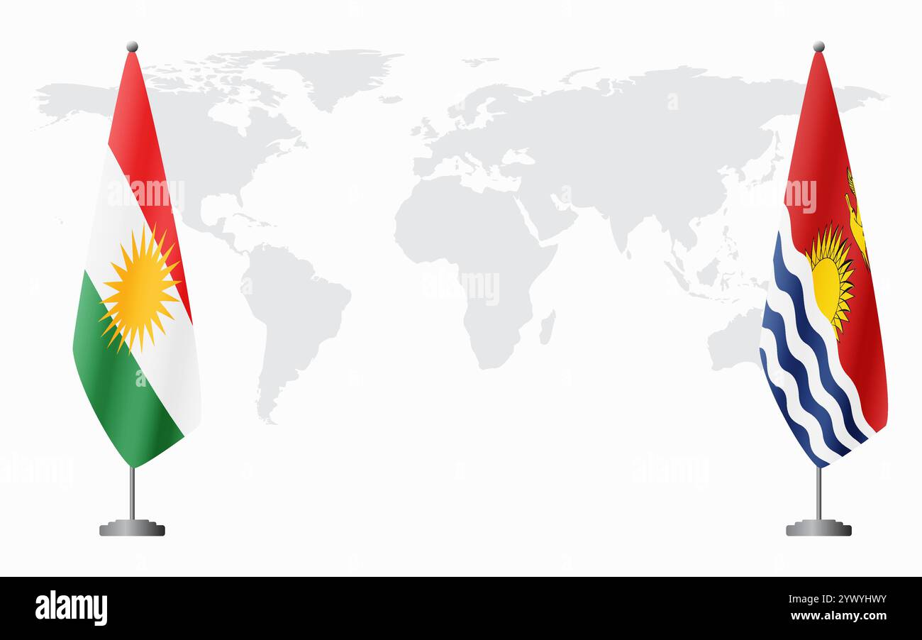 Bandiere del Kurdistan e Kiribati per l'incontro ufficiale sullo sfondo della mappa del mondo. Illustrazione Vettoriale