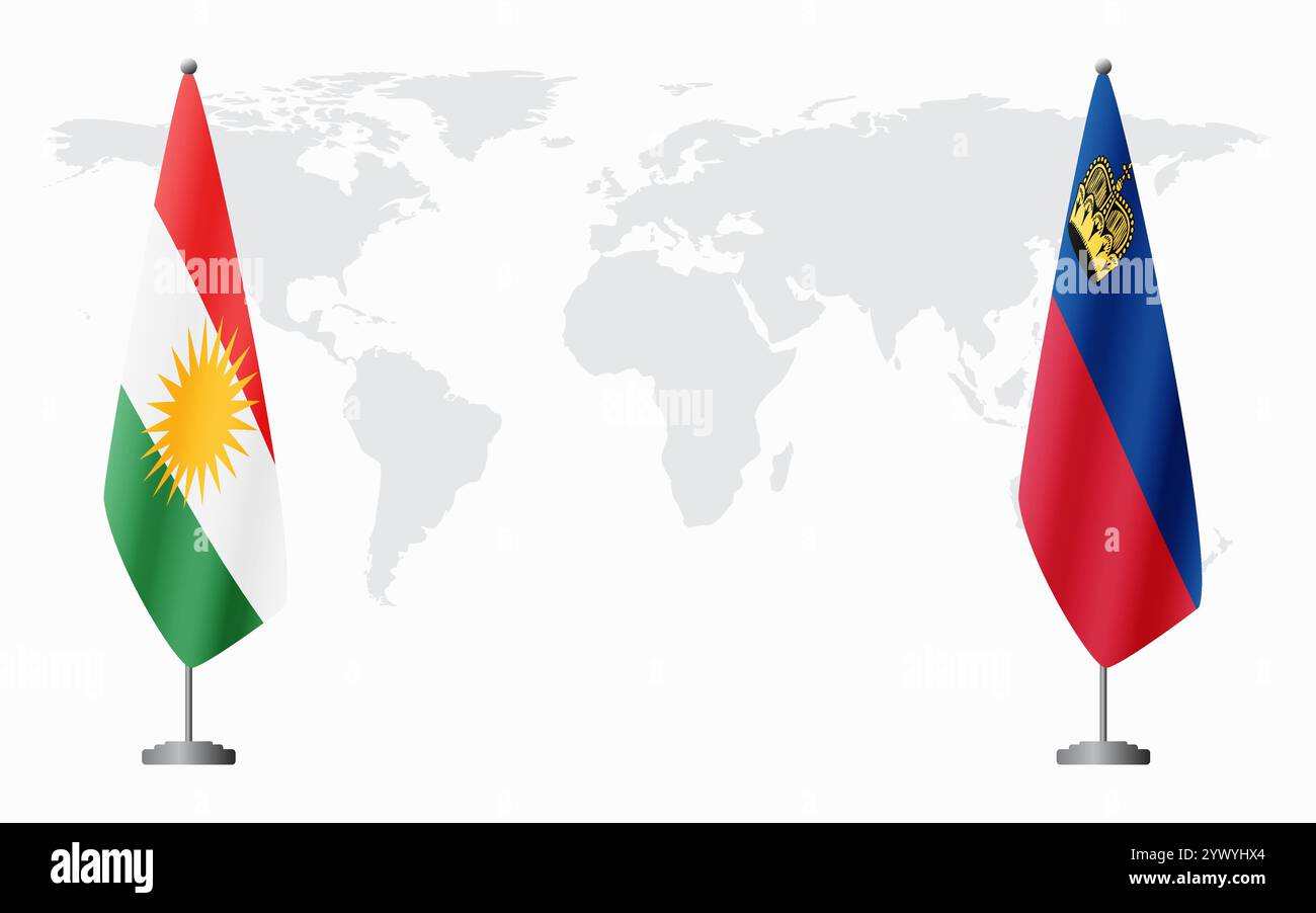 Bandiere del Kurdistan e del Liechtenstein per l'incontro ufficiale sullo sfondo della mappa mondiale. Illustrazione Vettoriale