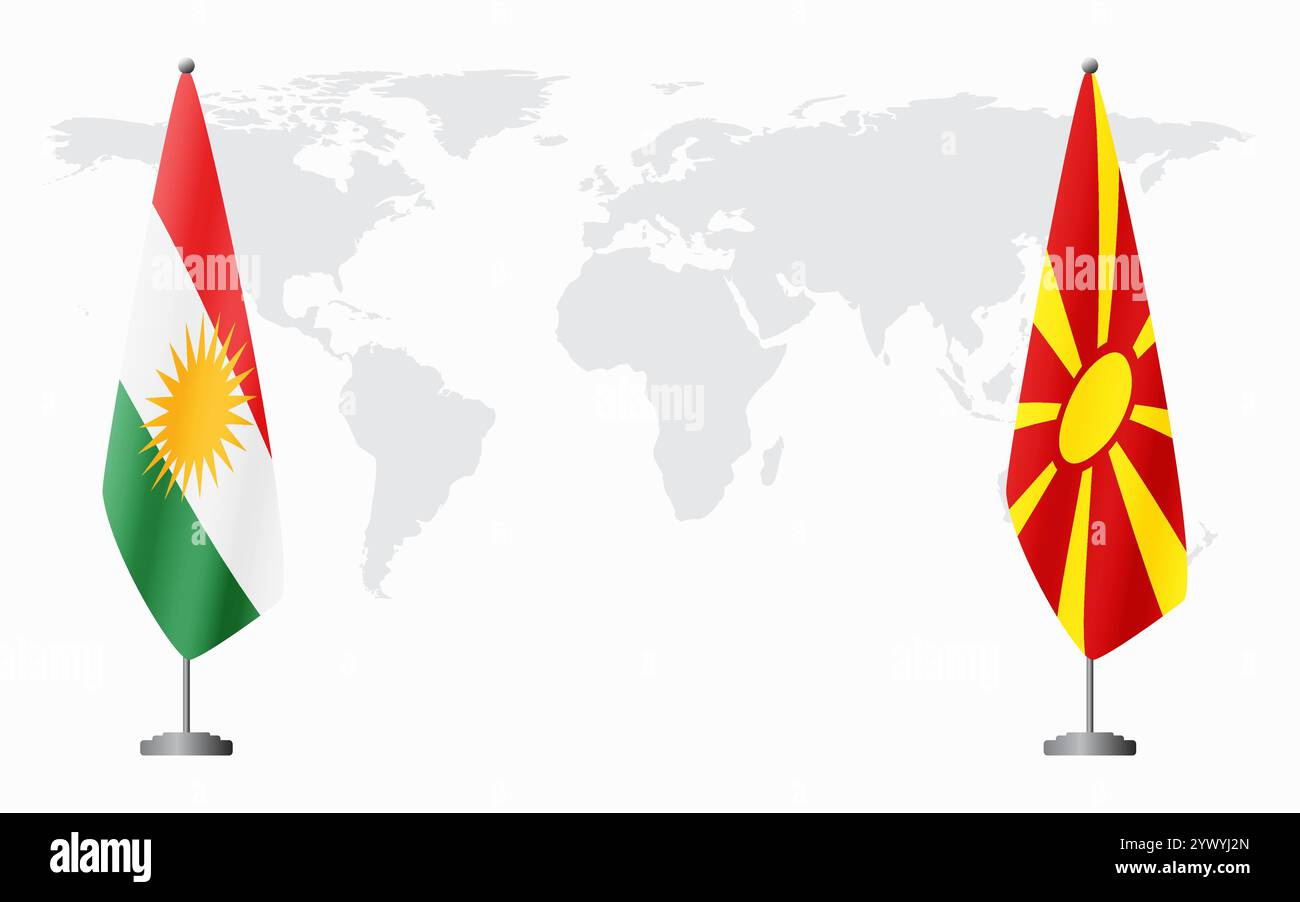 Bandiere del Kurdistan e della Macedonia settentrionale per l'incontro ufficiale sullo sfondo della mappa mondiale. Illustrazione Vettoriale