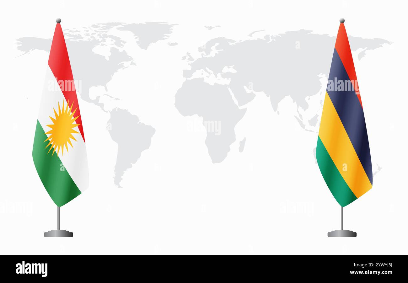 Bandiere del Kurdistan e delle Mauritius per l'incontro ufficiale sullo sfondo della mappa del mondo. Illustrazione Vettoriale