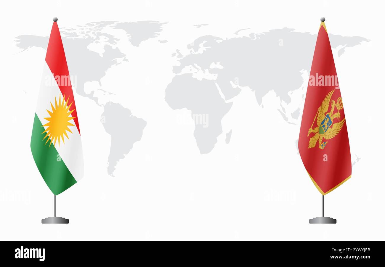 Le bandiere del Kurdistan e del Montenegro per l'incontro ufficiale sullo sfondo della mappa mondiale. Illustrazione Vettoriale