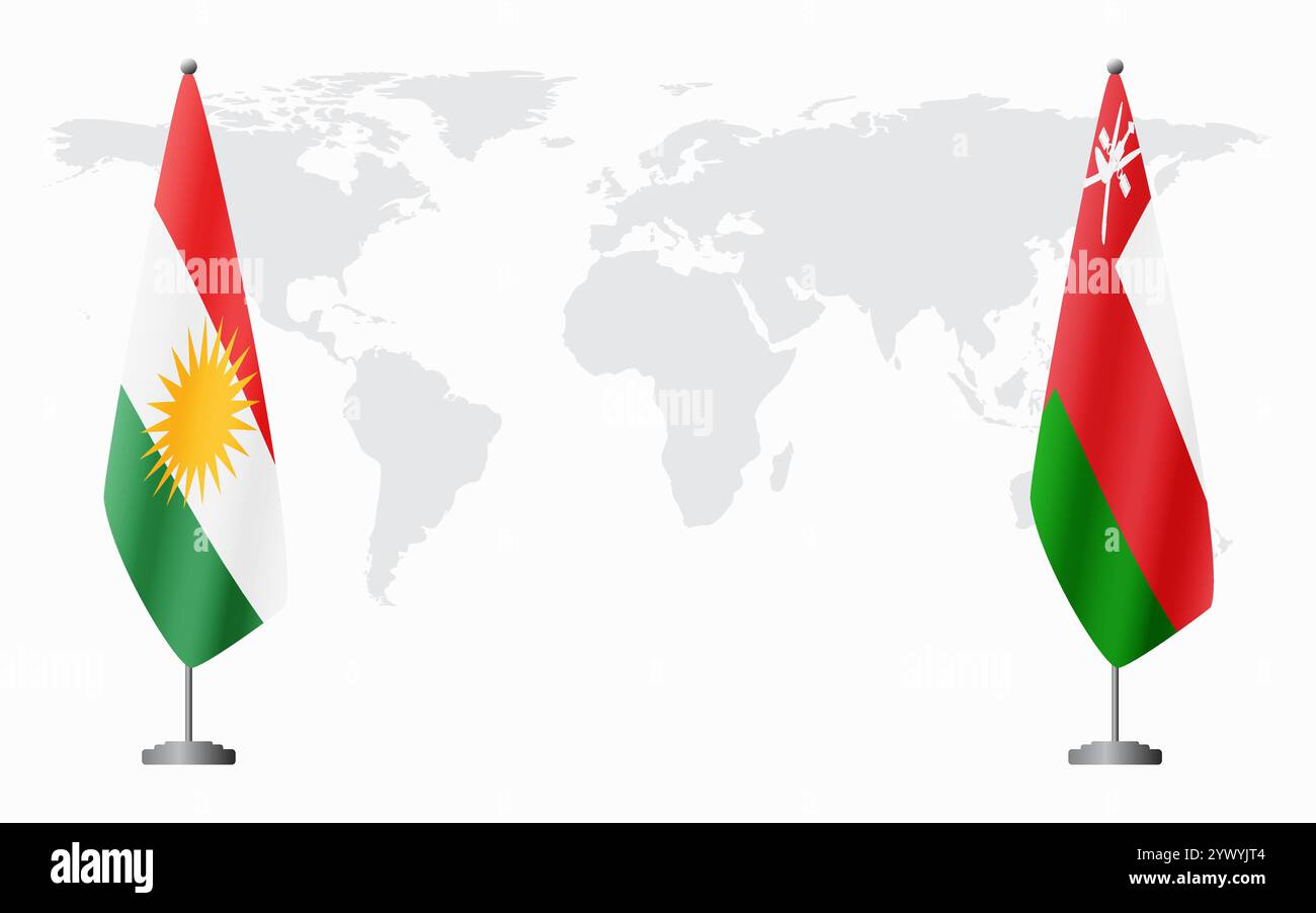 Bandiere del Kurdistan e dell'Oman per l'incontro ufficiale sullo sfondo della mappa del mondo. Illustrazione Vettoriale