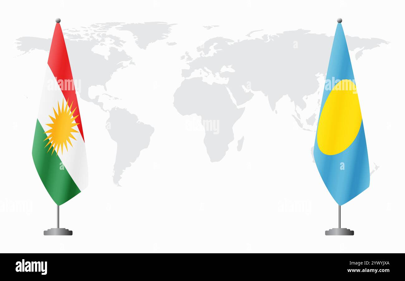 Bandiere del Kurdistan e del Palau per l'incontro ufficiale sullo sfondo della mappa del mondo. Illustrazione Vettoriale