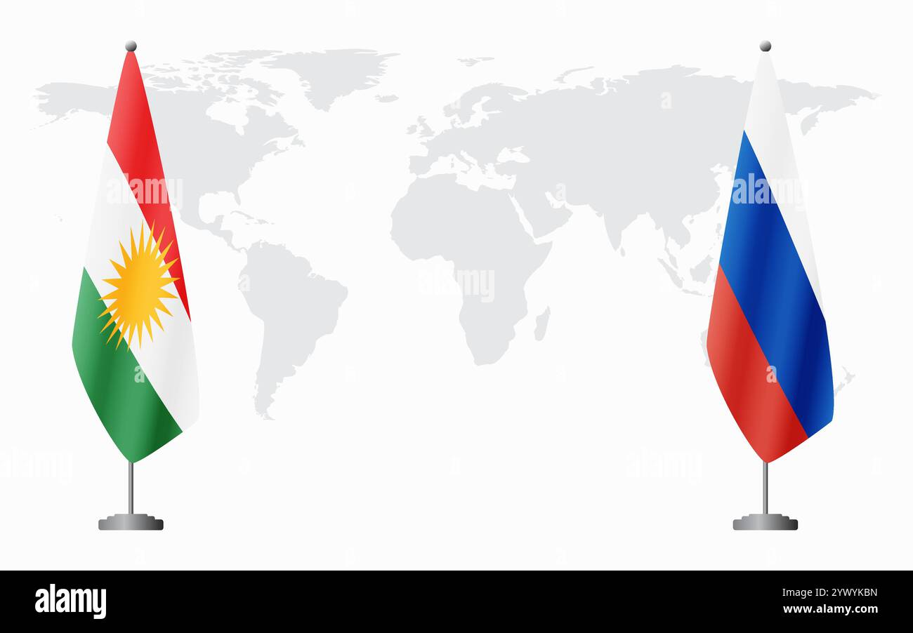 Bandiere del Kurdistan e della Russia per l'incontro ufficiale sullo sfondo della mappa mondiale. Illustrazione Vettoriale