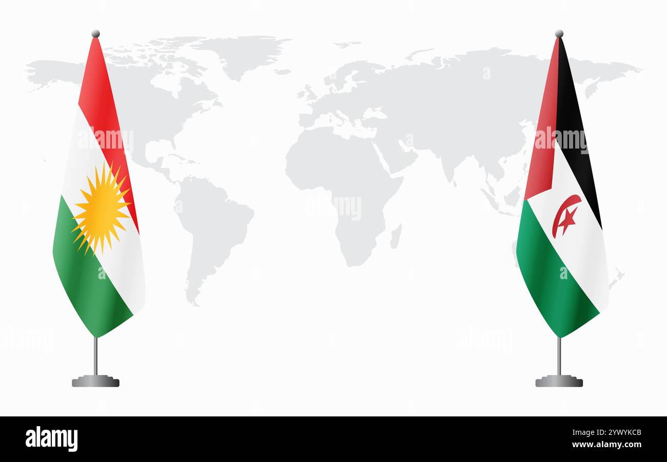 Il Kurdistan e la Repubblica Democratica Araba Sahrawi bandiere per l'incontro ufficiale sullo sfondo della mappa del mondo. Illustrazione Vettoriale