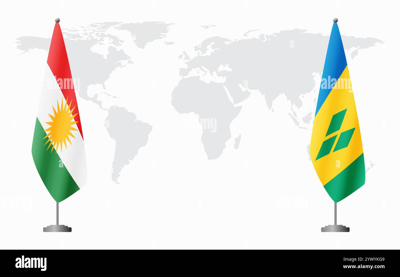 Kurdistan, Saint Vincent e Grenadine bandiere per l'incontro ufficiale sullo sfondo della mappa del mondo. Illustrazione Vettoriale