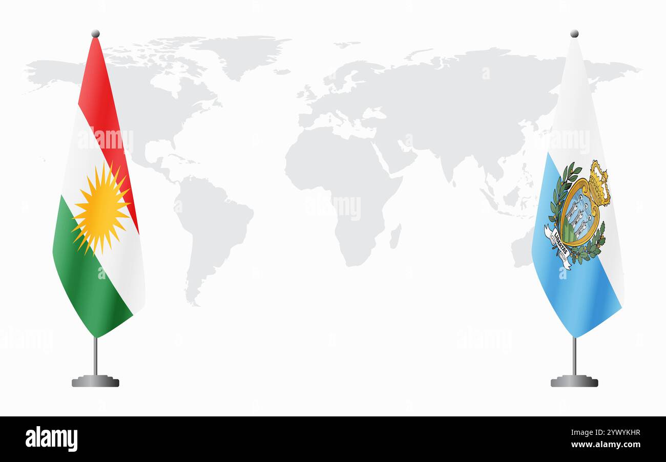 Bandiere del Kurdistan e di San Marino per l'incontro ufficiale sullo sfondo della mappa del mondo. Illustrazione Vettoriale