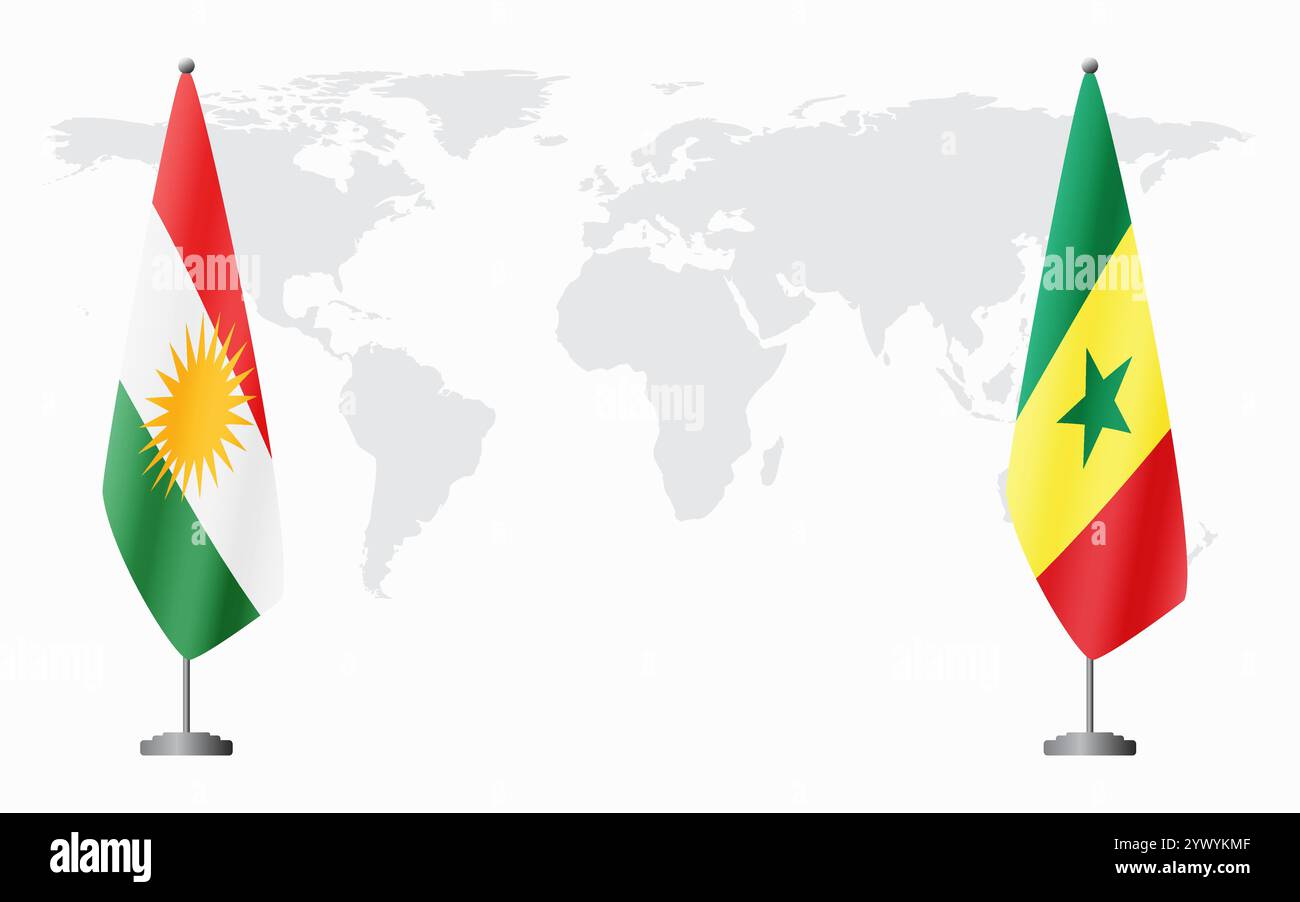 Bandiere del Kurdistan e del Senegal per l'incontro ufficiale sullo sfondo della mappa del mondo. Illustrazione Vettoriale