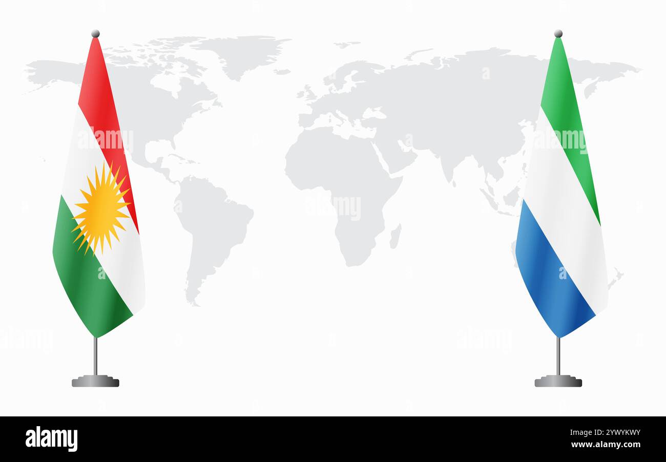 Bandiere del Kurdistan e della Sierra Leone per l'incontro ufficiale sullo sfondo della mappa mondiale. Illustrazione Vettoriale