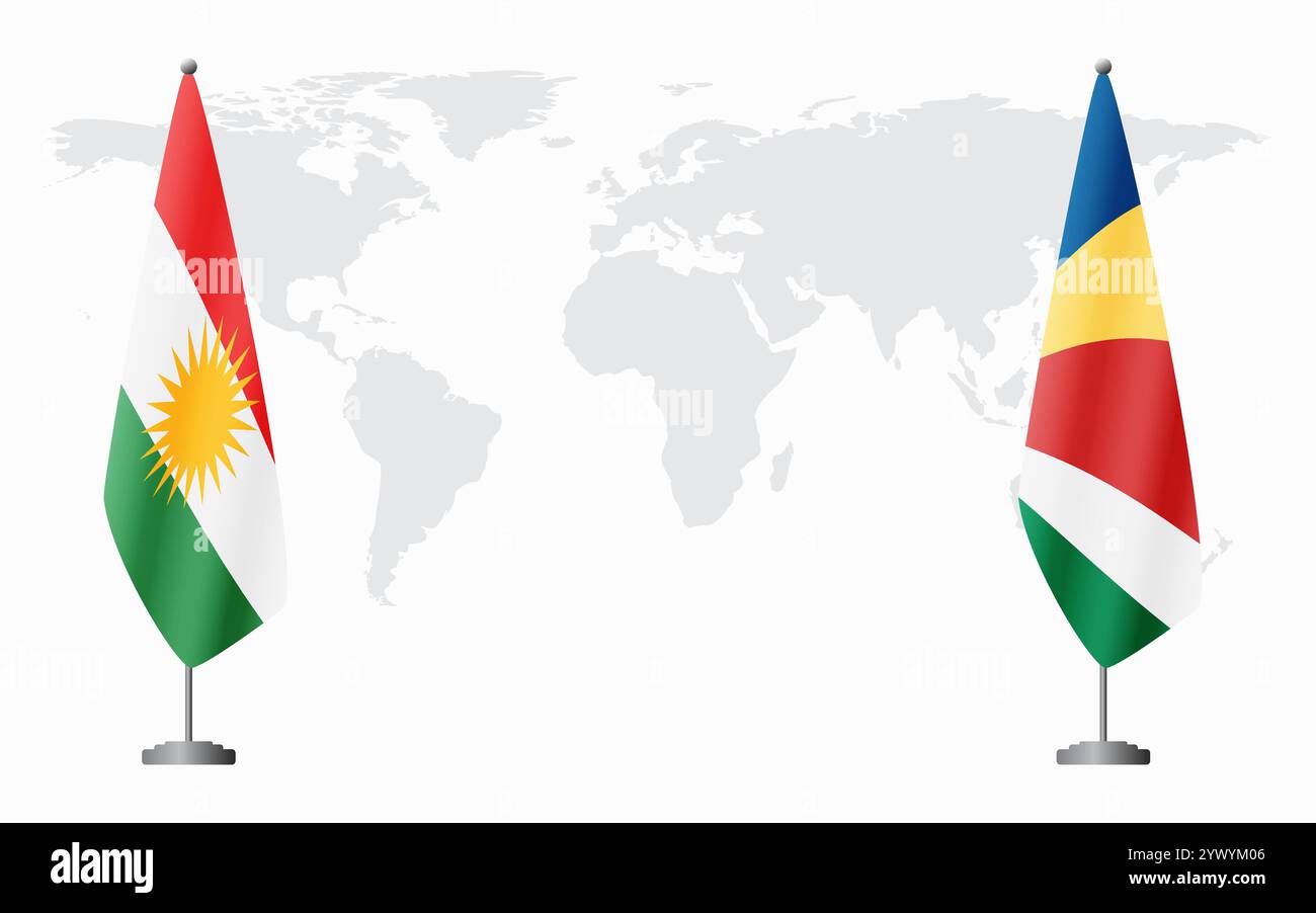 Bandiere del Kurdistan e delle Seychelles per l'incontro ufficiale sullo sfondo della mappa del mondo. Illustrazione Vettoriale