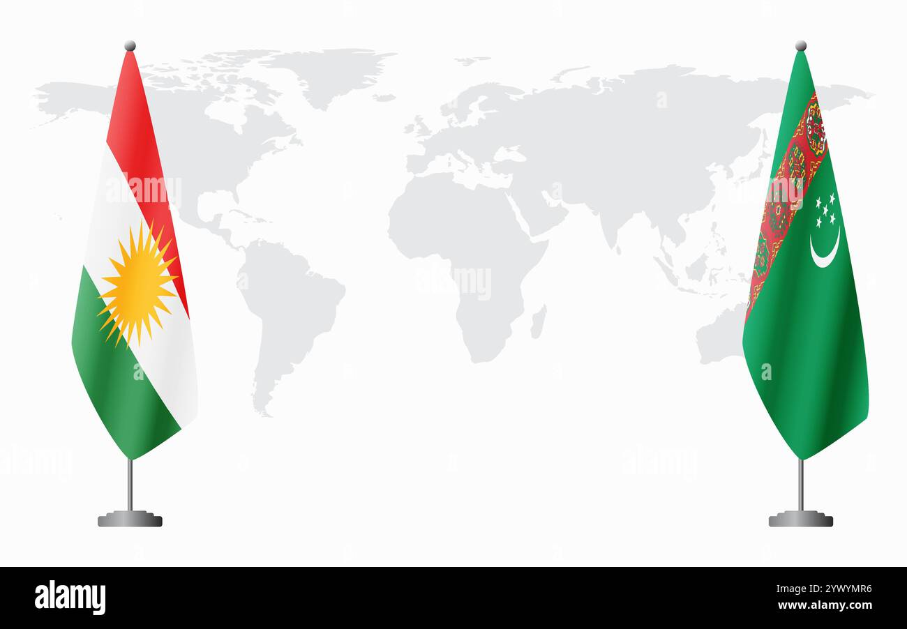 Bandiere del Kurdistan e del Turkmenistan per l'incontro ufficiale sullo sfondo della mappa del mondo. Illustrazione Vettoriale