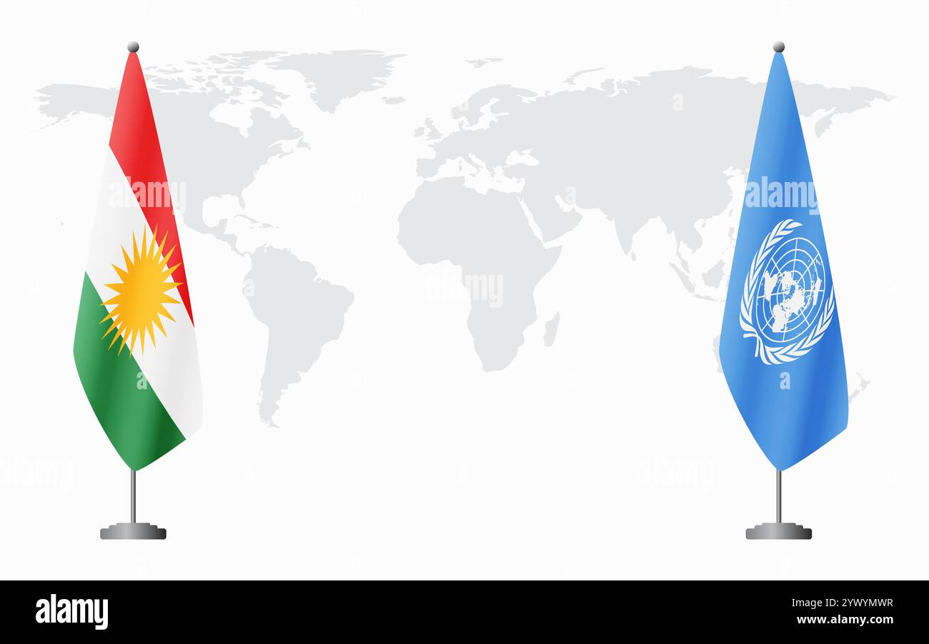 Bandiere del Kurdistan e delle Nazioni Unite per l'incontro ufficiale sullo sfondo della mappa mondiale. Illustrazione Vettoriale