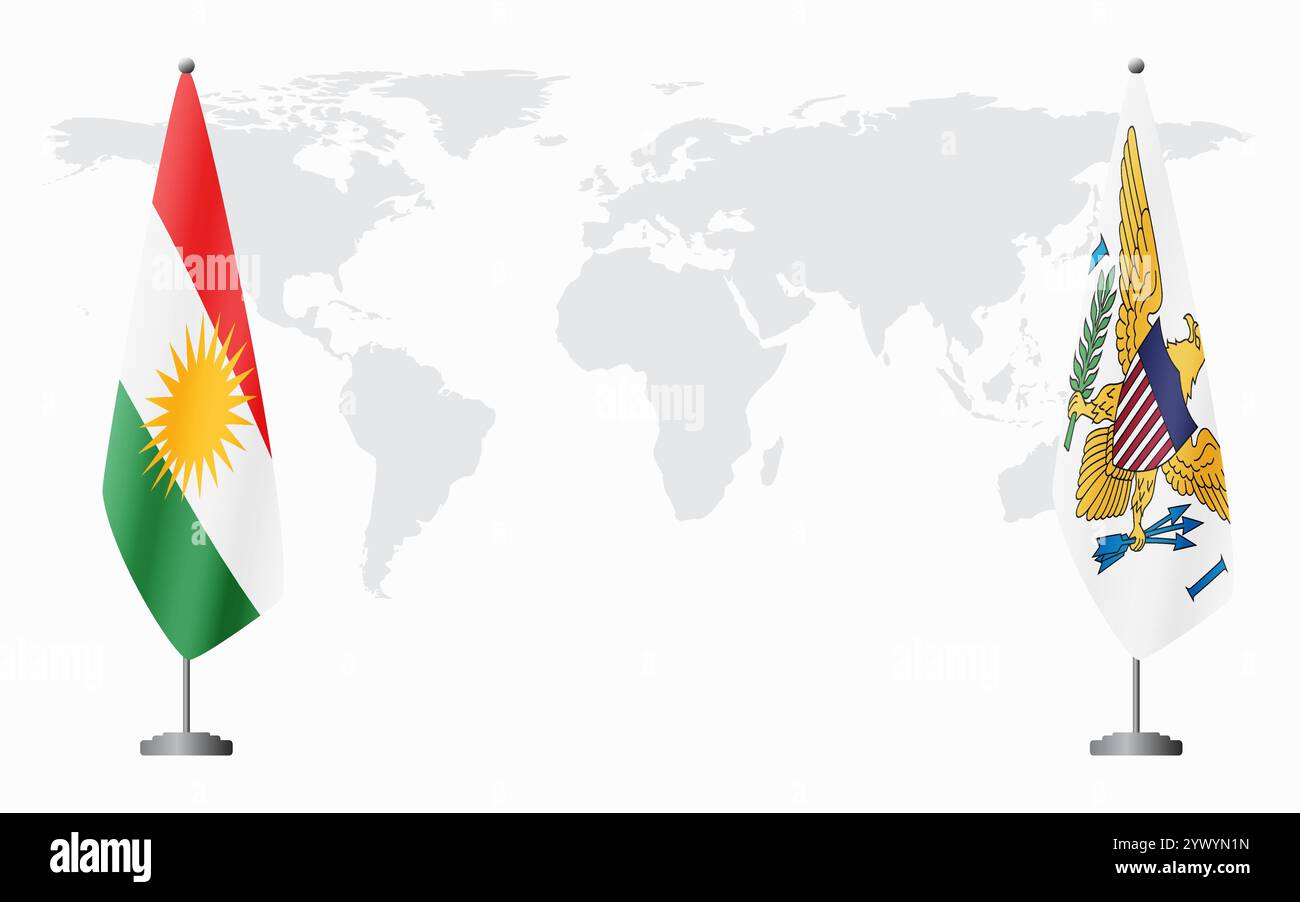 Bandiere del Kurdistan e delle Isole Vergini americane per l'incontro ufficiale sullo sfondo della mappa mondiale. Illustrazione Vettoriale