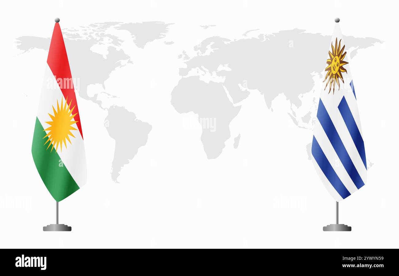 Bandiere del Kurdistan e dell'Uruguay per l'incontro ufficiale sullo sfondo della mappa del mondo. Illustrazione Vettoriale