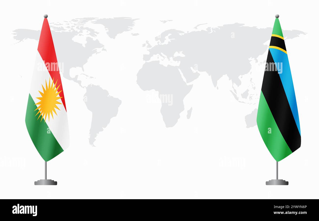 Bandiere del Kurdistan e di Zanzibar per l'incontro ufficiale sullo sfondo della mappa del mondo. Illustrazione Vettoriale