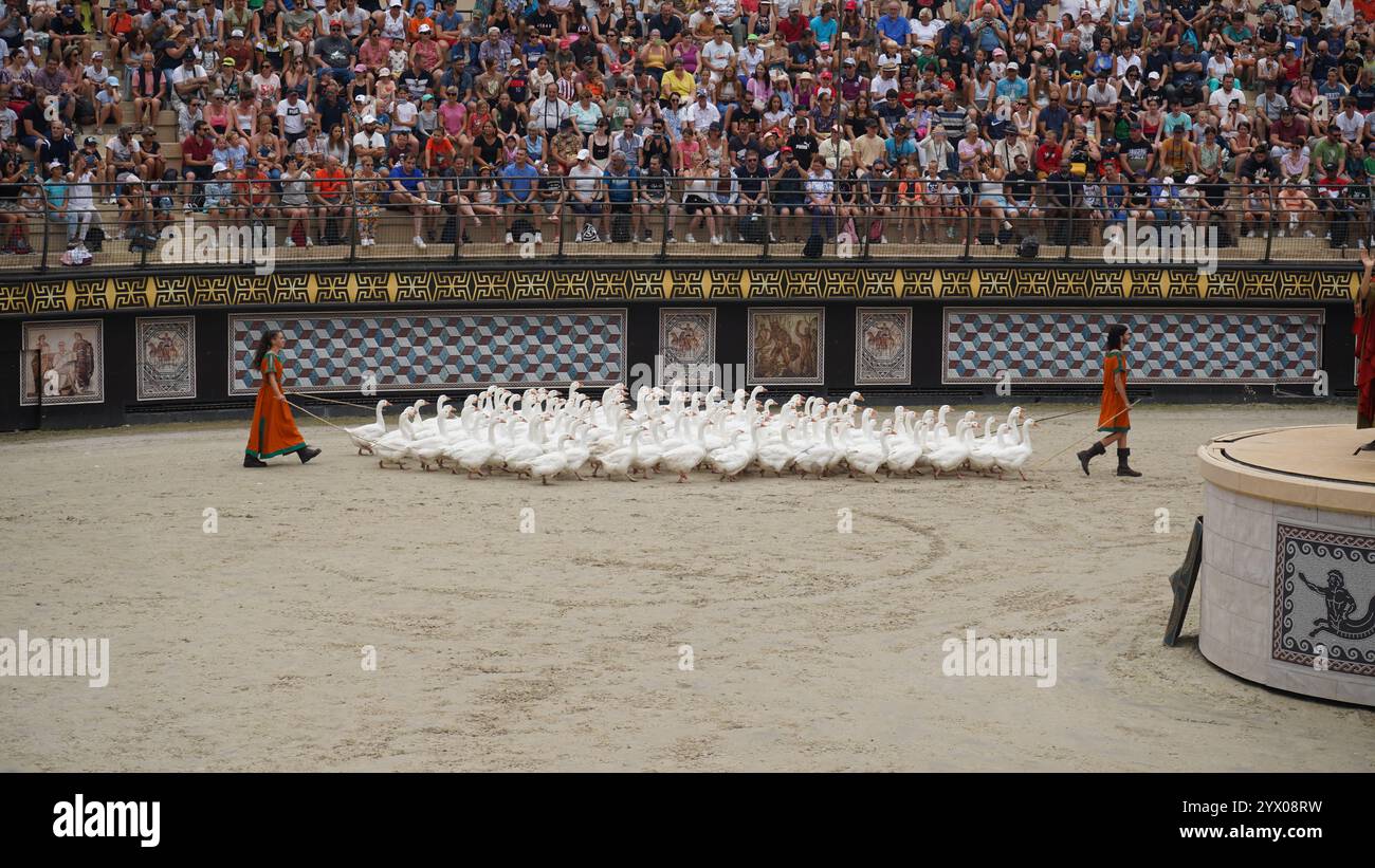 Piume dell'Impero: Guide romane e oche nel Colosseo Foto Stock