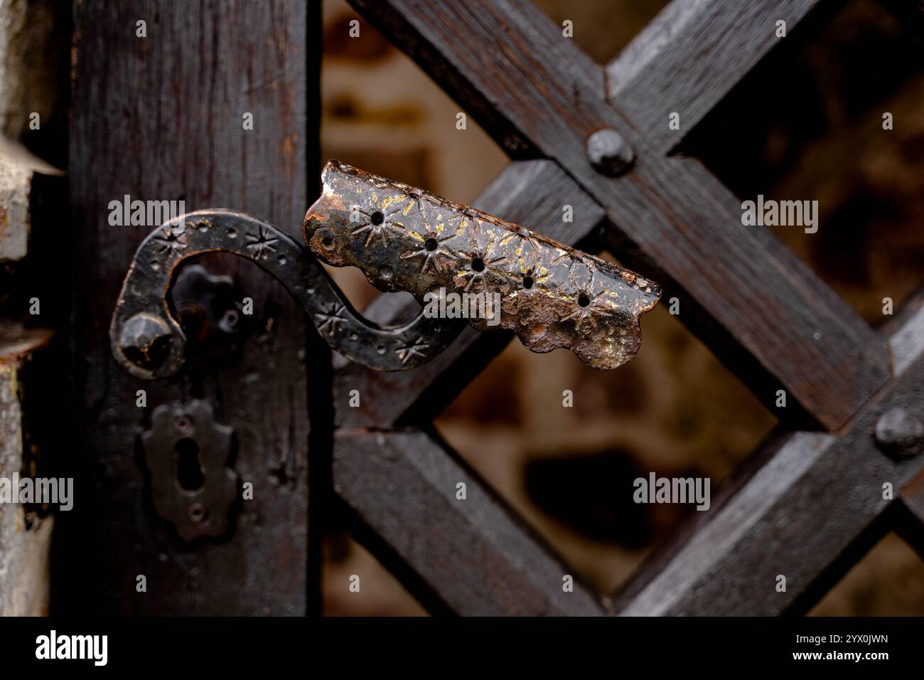 Un primo piano di una maniglia in ferro secolare scolpita con eleganti curve, fissata ad una porta in legno antico. L'intricata cura artigianale del manico lo dice Foto Stock